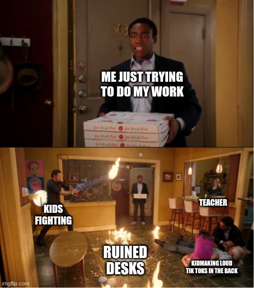 my school in a nutshell | ME JUST TRYING TO DO MY WORK; TEACHER; KIDS FIGHTING; RUINED DESKS; KIDMAKING LOUD TIK TOKS IN THE BACK | image tagged in community fire pizza meme | made w/ Imgflip meme maker