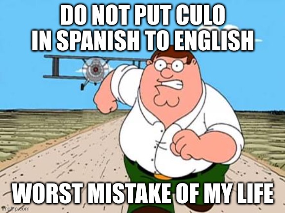 Peter griffin running away for a plane | DO NOT PUT CULO IN SPANISH TO ENGLISH; WORST MISTAKE OF MY LIFE | image tagged in peter griffin running away for a plane | made w/ Imgflip meme maker