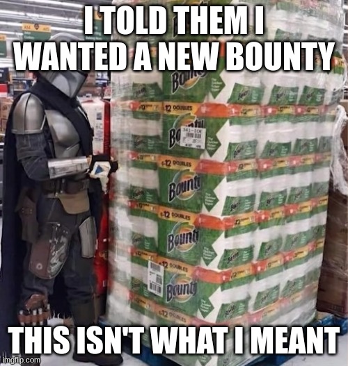 Mandalorian Looking For Bounty | I TOLD THEM I WANTED A NEW BOUNTY; THIS ISN'T WHAT I MEANT | image tagged in mandalorian looking for bounty | made w/ Imgflip meme maker