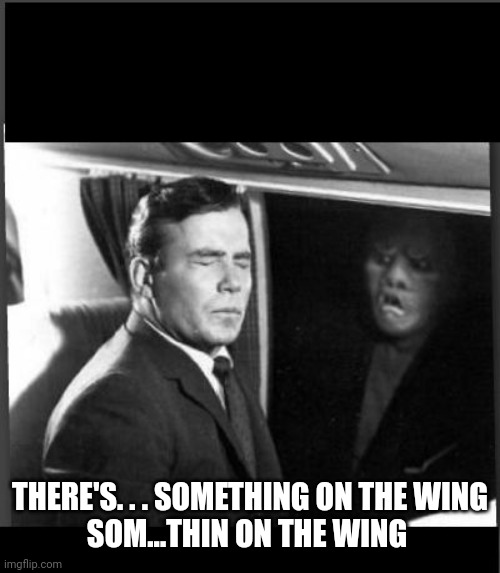 Shatner Twilight Zone something on the wing  | THERE'S. . . SOMETHING ON THE WING
SOM...THIN ON THE WING | image tagged in shatner twilight zone something on the wing | made w/ Imgflip meme maker