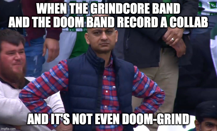 Disappointed Cricket Fan | WHEN THE GRINDCORE BAND AND THE DOOM BAND RECORD A COLLAB; AND IT'S NOT EVEN DOOM-GRIND | image tagged in disappointed cricket fan | made w/ Imgflip meme maker