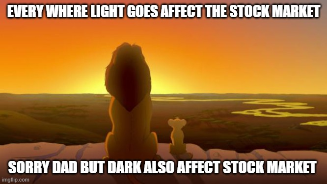 Lion King & son | EVERY WHERE LIGHT GOES AFFECT THE STOCK MARKET; SORRY DAD BUT DARK ALSO AFFECT STOCK MARKET | image tagged in lion king son | made w/ Imgflip meme maker