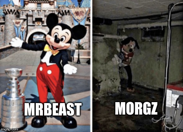 Basement Mickey Mouse | MORGZ; MRBEAST | image tagged in basement mickey mouse,funny,mrbeast,morgz | made w/ Imgflip meme maker