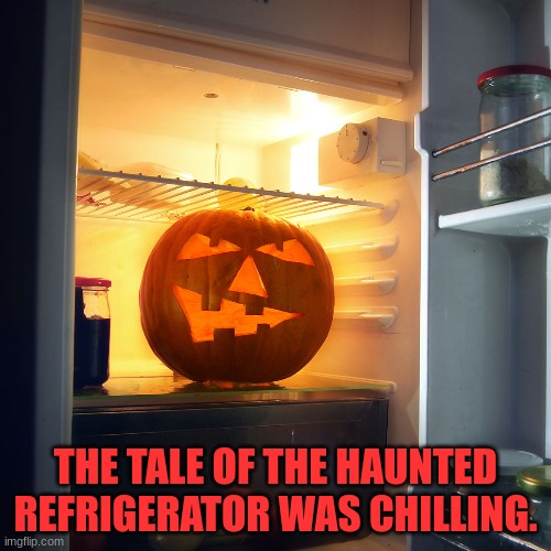 THE TALE OF THE HAUNTED REFRIGERATOR WAS CHILLING. | image tagged in bad pun,dad joke,refrigerator,memes,funny | made w/ Imgflip meme maker