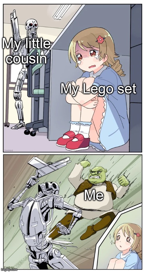 shrek killing terminator | My little cousin; My Lego set; Me | image tagged in shrek killing terminator,lego,little,cousin | made w/ Imgflip meme maker