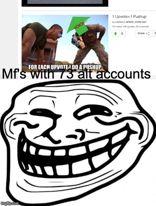 T r o l l | Mf's with 73 alt accounts | image tagged in memes,troll face | made w/ Imgflip meme maker