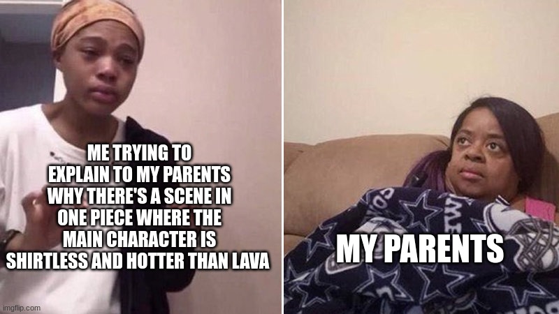 Me explaining to my mom | ME TRYING TO EXPLAIN TO MY PARENTS WHY THERE'S A SCENE IN ONE PIECE WHERE THE MAIN CHARACTER IS SHIRTLESS AND HOTTER THAN LAVA; MY PARENTS | image tagged in me explaining to my mom | made w/ Imgflip meme maker