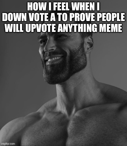 Giga Chad | HOW I FEEL WHEN I DOWN VOTE A TO PROVE PEOPLE WILL UPVOTE ANYTHING MEME | image tagged in giga chad | made w/ Imgflip meme maker