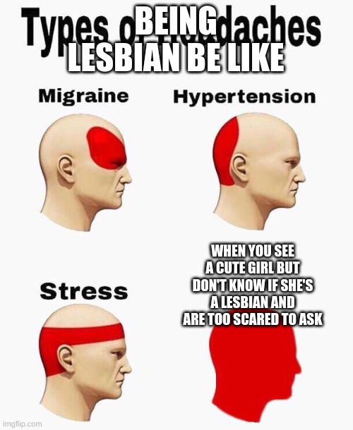 Headaches | BEING LESBIAN BE LIKE; WHEN YOU SEE A CUTE GIRL BUT DON'T KNOW IF SHE'S A LESBIAN AND ARE TOO SCARED TO ASK | image tagged in headaches | made w/ Imgflip meme maker