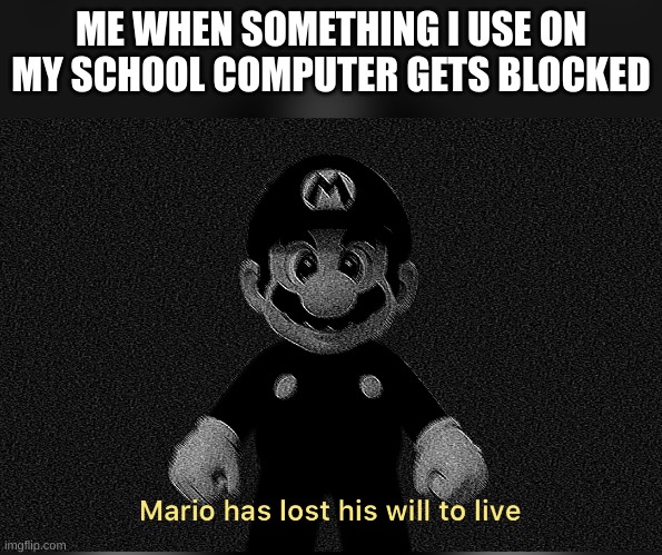 Mario has lost his will to live | ME WHEN SOMETHING I USE ON MY SCHOOL COMPUTER GETS BLOCKED | image tagged in mario has lost his will to live,fun,funny,meme,school sucks | made w/ Imgflip meme maker