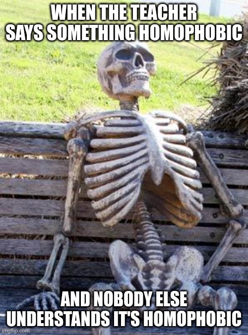 Waiting Skeleton | WHEN THE TEACHER SAYS SOMETHING HOMOPHOBIC; AND NOBODY ELSE UNDERSTANDS IT'S HOMOPHOBIC | image tagged in memes,waiting skeleton | made w/ Imgflip meme maker