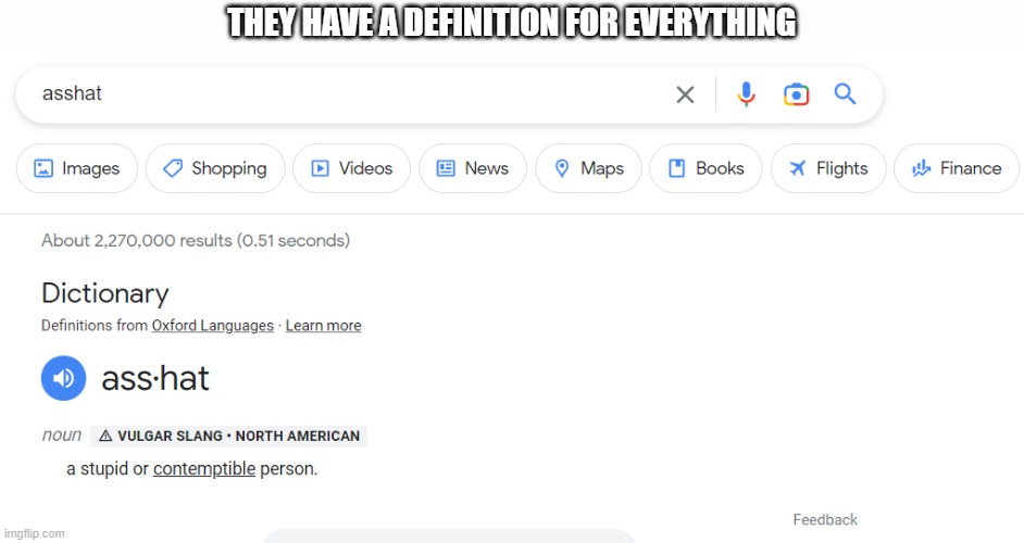 google dictionary | THEY HAVE A DEFINITION FOR EVERYTHING | image tagged in asshat,google,dictionary | made w/ Imgflip meme maker