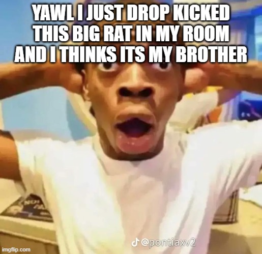 "chocked black guy" | YAWL I JUST DROP KICKED THIS BIG RAT IN MY ROOM AND I THINKS ITS MY BROTHER | image tagged in shocked black guy | made w/ Imgflip meme maker