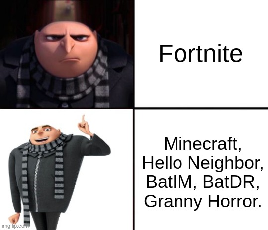 Me and games | Fortnite; Minecraft, Hello Neighbor, BatIM, BatDR, Granny Horror. | image tagged in gru hotline bling | made w/ Imgflip meme maker