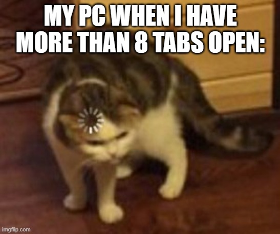 Loading cat | MY PC WHEN I HAVE MORE THAN 8 TABS OPEN: | image tagged in loading cat | made w/ Imgflip meme maker