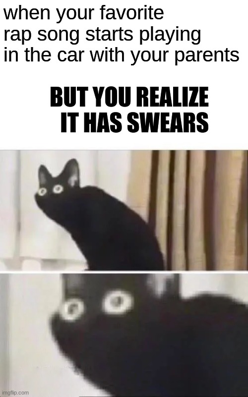 Bro this happened to me once | when your favorite rap song starts playing in the car with your parents; BUT YOU REALIZE IT HAS SWEARS | image tagged in oh no black cat,memes,gifs,sad pablo escobar,1 trophy,tuxedo winnie the pooh | made w/ Imgflip meme maker