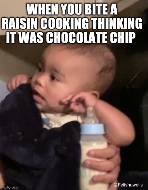 The deception | WHEN YOU BITE A RAISIN COOKING THINKING IT WAS CHOCOLATE CHIP | image tagged in the deception,cookies,fun,cute baby,skeptical baby,funny memes | made w/ Imgflip meme maker