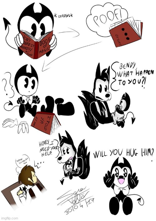 Bendy becomes baby (And wants hugs) | image tagged in baby bendy,boris,bendy,henry | made w/ Imgflip meme maker