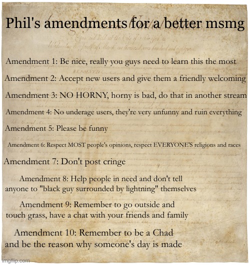 How to make MSMG better (it would be a miracle if people actually followed this) | Phil's amendments for a better msmg; Amendment 1: Be nice, really you guys need to learn this the most; Amendment 2: Accept new users and give them a friendly welcoming; Amendment 3: NO HORNY, horny is bad, do that in another stream; Amendment 4: No underage users, they're very unfunny and ruin everything; Amendment 5: Please be funny; Amendment 6: Respect MOST people's opinions, respect EVERYONE'S religions and races; Amendment 7: Don't post cringe; Amendment 8: Help people in need and don't tell anyone to "black guy surrounded by lightning" themselves; Amendment 9: Remember to go outside and touch grass, have a chat with your friends and family; Amendment 10: Remember to be a Chad and be the reason why someone's day is made | image tagged in the bill of rights | made w/ Imgflip meme maker