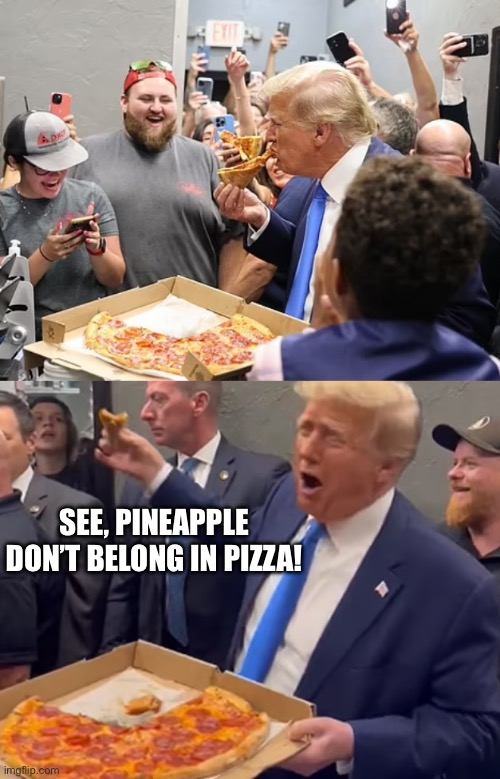 Trump eating pizza | SEE, PINEAPPLE DON’T BELONG IN PIZZA! | image tagged in pizza,donald trump,trump | made w/ Imgflip meme maker