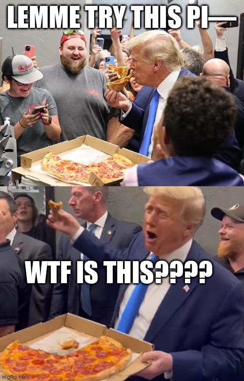 Trump pizza tasting | LEMME TRY THIS PI—; WTF IS THIS???? | image tagged in pizza,donald trump,trump | made w/ Imgflip meme maker