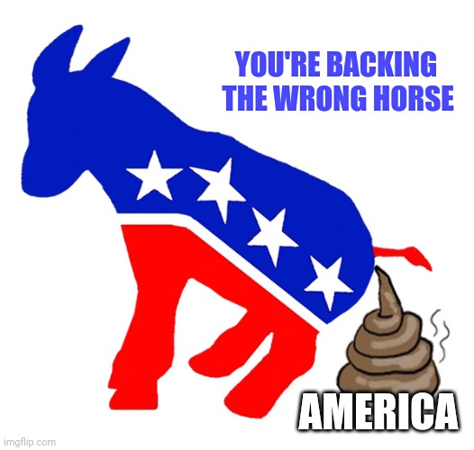Democrat donkey pooping | YOU'RE BACKING    
THE WRONG HORSE AMERICA | image tagged in democrat donkey pooping | made w/ Imgflip meme maker