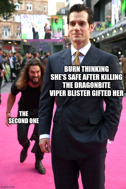 2 sneks | BURN THINKING SHE'S SAFE AFTER KILLING THE DRAGONBITE VIPER BLISTER GIFTED HER; THE SECOND ONE | image tagged in jason momoa henry cavill meme | made w/ Imgflip meme maker