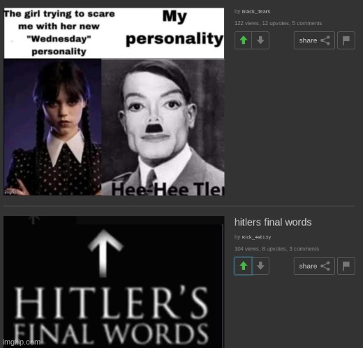 E | image tagged in wednesday addams,adolf hitler | made w/ Imgflip meme maker