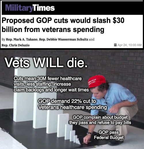 GOP budget will kill vets | Vets WILL die. Cuts mean 30M fewer healthcare visits, less staffing, increase claim backlogs and longer wait times; GOP demand 22% cut to Veterans healthcare spending; GOP complain about budget they pass and refuse to pay bills; GOP pass Federal Budget | image tagged in domino effect,veterans,maga,political meme,gop | made w/ Imgflip meme maker