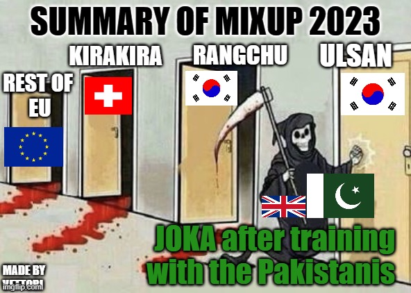 Tekken 7 MIXUP 2023 | SUMMARY OF MIXUP 2023; KIRAKIRA; RANGCHU; ULSAN; REST OF 
EU; JOKA after training with the Pakistanis; MADE BY 
VETTORI | image tagged in grim reaper 4 doors | made w/ Imgflip meme maker