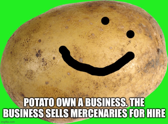 Potato | POTATO OWN A BUSINESS. THE BUSINESS SELLS MERCENARIES FOR HIRE | image tagged in potato | made w/ Imgflip meme maker