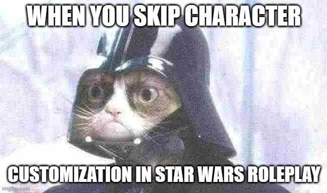 Grumpy Cat Star Wars | WHEN YOU SKIP CHARACTER; CUSTOMIZATION IN STAR WARS ROLEPLAY | image tagged in memes,grumpy cat star wars,grumpy cat | made w/ Imgflip meme maker