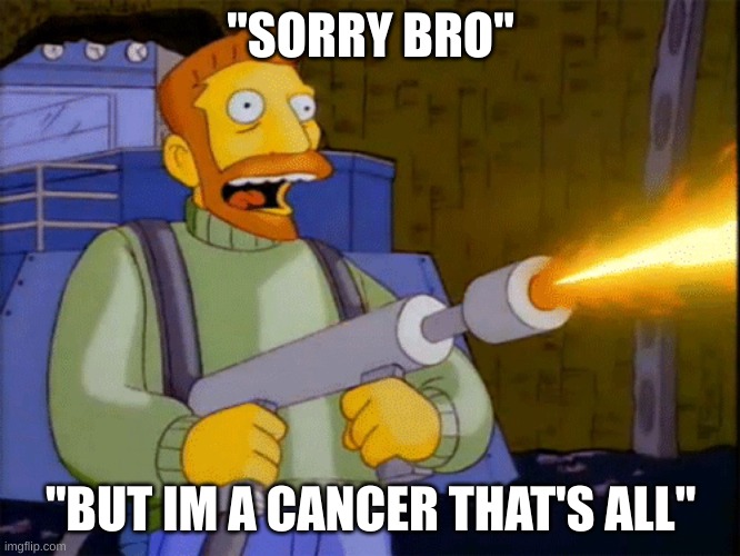 them quirky cancer zodiac kids | "SORRY BRO"; "BUT IM A CANCER THAT'S ALL" | image tagged in simpsons hank scorpio flamethrower | made w/ Imgflip meme maker