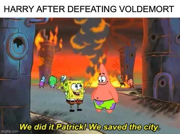 Harry after defeating Voldemort | HARRY AFTER DEFEATING VOLDEMORT | image tagged in spongebob we saved the city | made w/ Imgflip meme maker