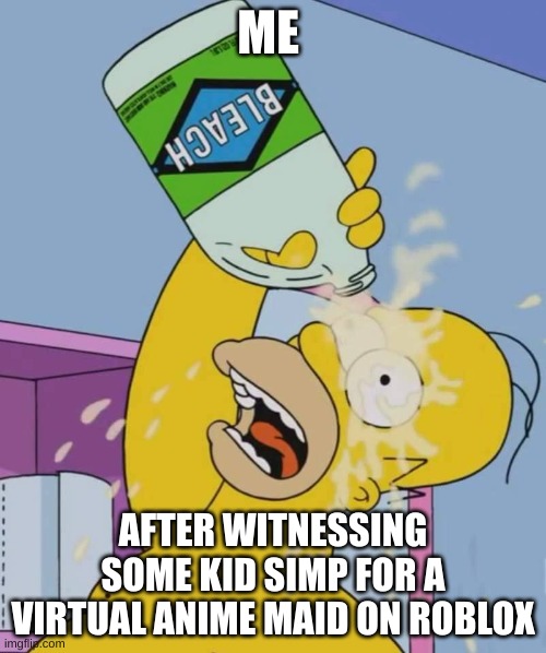 GET THE DAMN BLEACH, BART! | ME; AFTER WITNESSING SOME KID SIMP FOR A VIRTUAL ANIME MAID ON ROBLOX | image tagged in homer with bleach | made w/ Imgflip meme maker