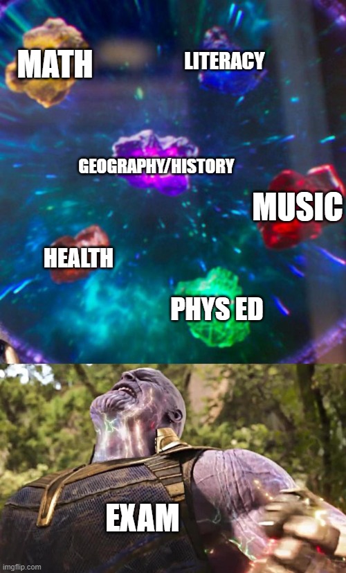 Exams be like: | MATH; LITERACY; GEOGRAPHY/HISTORY; MUSIC; HEALTH; PHYS ED; EXAM | image tagged in thanos infinity stones,fun | made w/ Imgflip meme maker