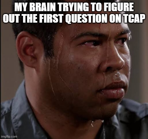 TCAP OR EXAMS DEPENDES | MY BRAIN TRYING TO FIGURE OUT THE FIRST QUESTION ON TCAP | image tagged in sweating guy meme | made w/ Imgflip meme maker
