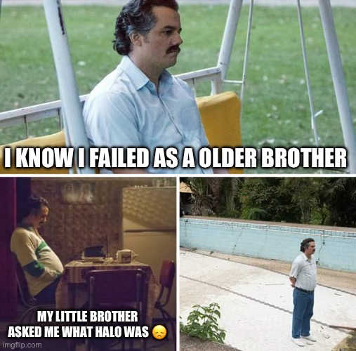 What have I done | I KNOW I FAILED AS A OLDER BROTHER; MY LITTLE BROTHER ASKED ME WHAT HALO WAS 😞 | image tagged in memes,sad pablo escobar | made w/ Imgflip meme maker