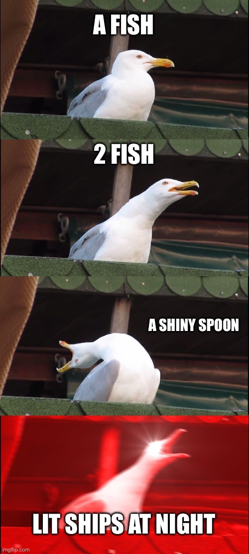 Inhaling Seagull | A FISH; 2 FISH; A SHINY SPOON; LIT SHIPS AT NIGHT | image tagged in memes,inhaling seagull | made w/ Imgflip meme maker