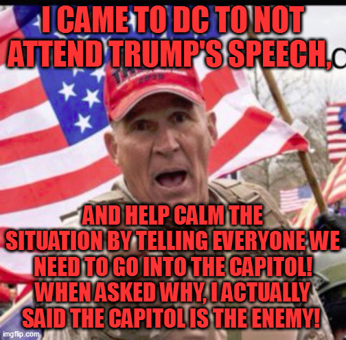 I CAME TO DC TO NOT ATTEND TRUMP'S SPEECH, AND HELP CALM THE SITUATION BY TELLING EVERYONE WE NEED TO GO INTO THE CAPITOL! WHEN ASKED WHY, I ACTUALLY SAID THE CAPITOL IS THE ENEMY! | image tagged in memes | made w/ Imgflip meme maker
