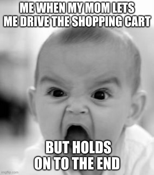 i hate this | ME WHEN MY MOM LETS ME DRIVE THE SHOPPING CART; BUT HOLDS ON TO THE END | image tagged in memes,angry baby | made w/ Imgflip meme maker