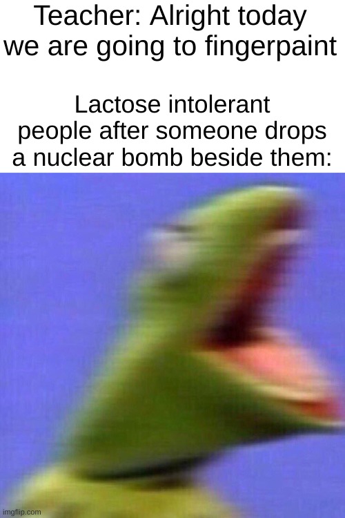 Hmmm | Teacher: Alright today we are going to fingerpaint; Lactose intolerant people after someone drops a nuclear bomb beside them: | image tagged in kermit screaming,funny,memes | made w/ Imgflip meme maker