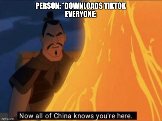 Now all of China knows you're here | PERSON: *DOWNLOADS TIKTOK
EVERYONE: | image tagged in now all of china knows you're here,tik tok sucks,china | made w/ Imgflip meme maker