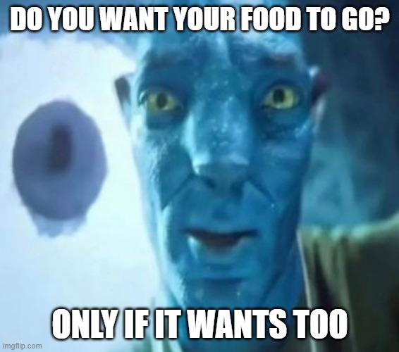 Avatar guy | DO YOU WANT YOUR FOOD TO GO? ONLY IF IT WANTS TOO | image tagged in avatar guy | made w/ Imgflip meme maker