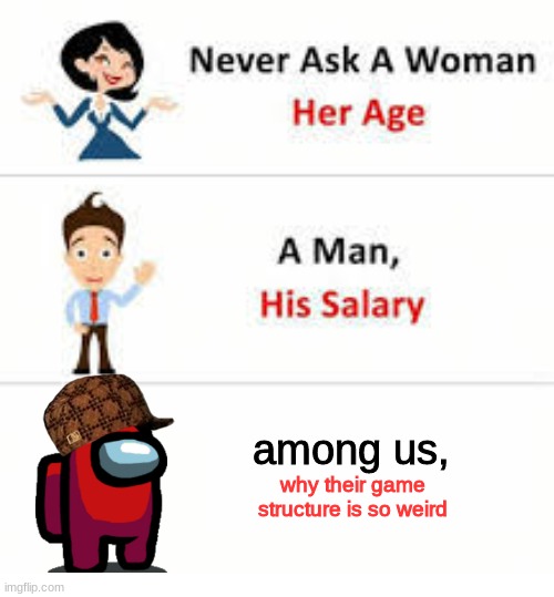 Never ask a woman her age | among us, why their game structure is so weird | image tagged in never ask a woman her age | made w/ Imgflip meme maker