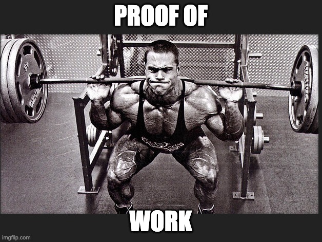 Bodybuilder squatting black border | PROOF OF; WORK | image tagged in bodybuilder squatting black border | made w/ Imgflip meme maker