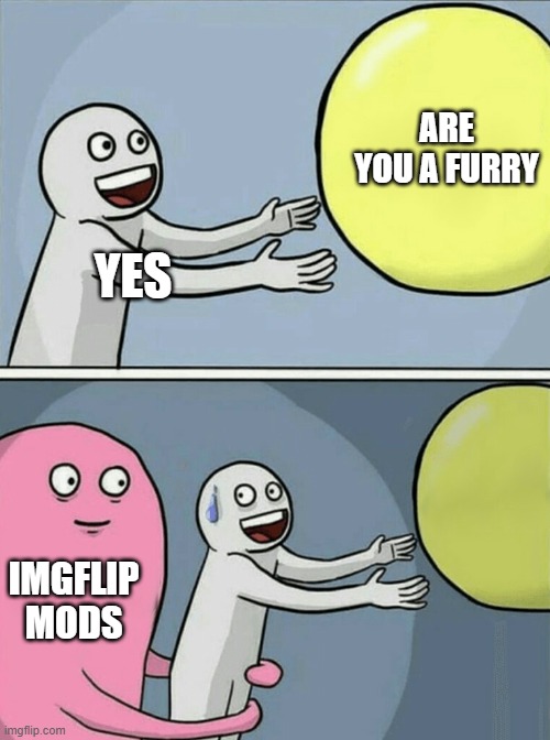 Running Away Balloon Meme | ARE YOU A FURRY; YES; IMGFLIP MODS | image tagged in memes,running away balloon | made w/ Imgflip meme maker