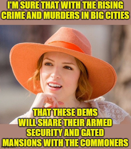 Condescending Kendrick | I'M SURE THAT WITH THE RISING CRIME AND MURDERS IN BIG CITIES THAT THESE DEMS WILL SHARE THEIR ARMED SECURITY AND GATED MANSIONS WITH THE CO | image tagged in condescending kendrick | made w/ Imgflip meme maker