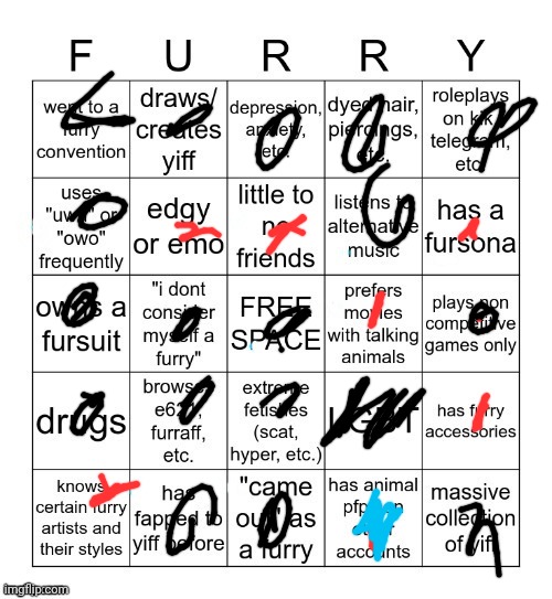 Black= no blue=on a different website red= yes | image tagged in furry bingo v2 | made w/ Imgflip meme maker