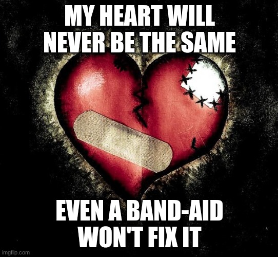 My heart, If you want the full story, ask in the comments. | MY HEART WILL NEVER BE THE SAME; EVEN A BAND-AID WON'T FIX IT | image tagged in broken heart | made w/ Imgflip meme maker